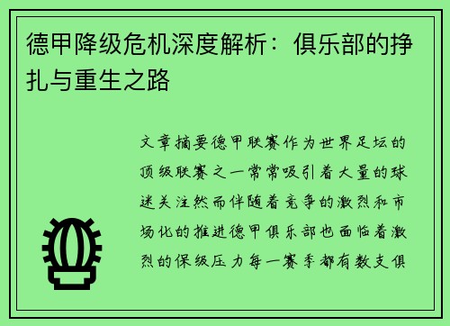 德甲降级危机深度解析：俱乐部的挣扎与重生之路