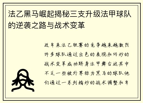 法乙黑马崛起揭秘三支升级法甲球队的逆袭之路与战术变革