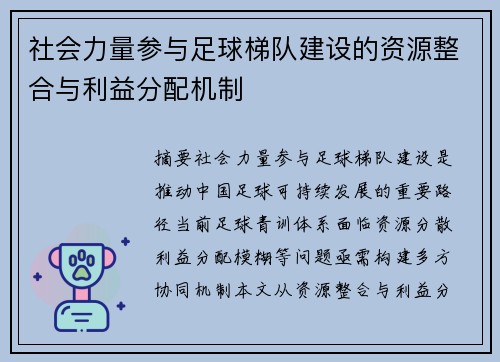 社会力量参与足球梯队建设的资源整合与利益分配机制